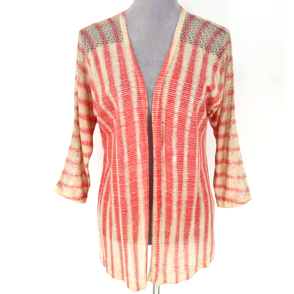 Chicos Sweater 1 Womens Medium Beige Pink Stripe Linen Cotton Sheer Knit Open